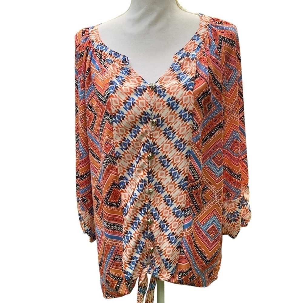 NY COLLECTION Long Sleeve Blouse Faux Front Button Closure & Front Hem Tie SZ XL